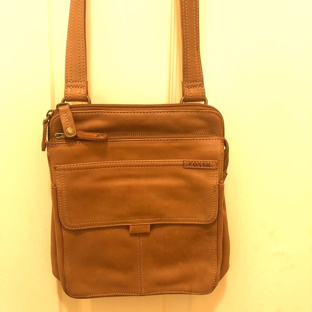 FOSSIL crossbody tan acorn leather Never Used pristine condition